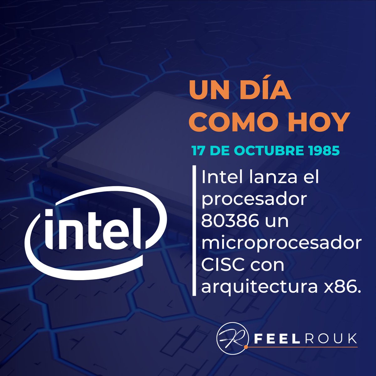 FeelRouk's tweet photo. El 16 de octubre de 1985, Intel lanza el procesador 80386 (i386 o 386 DX) un microprocesador CISC con arquitectura x86. Durante su diseño se le llamó 'P3', debido a que era el prototipo de la tercera generación x86. https://t.co/at1RhaTEji