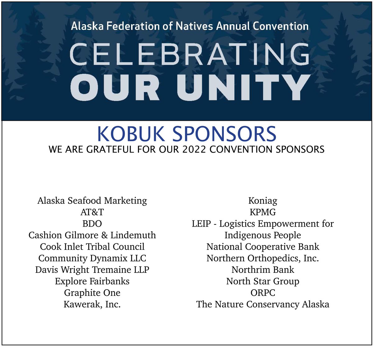 NativeFed's tweet photo. Thank you to our Kobuk sponsors for their continued and generous support of this year's #2022AFN Convention! #CelebratingOurUnity https://t.co/0ZpLhwgJTu