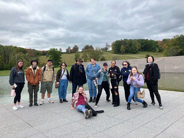 MCLAEnglComm's tweet photo. Professor Caren Beilin's prose writing class, featured here, on a cloudy-- and most excellent-- day at The Clark Art Museum (cows included). https://t.co/ZgsXo57Oh6
