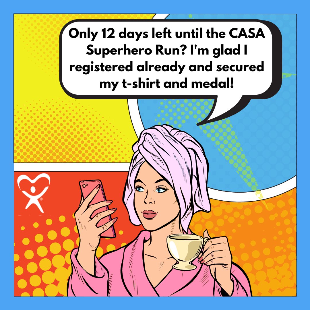 KernCASA's tweet photo. The countdown for the CASA Superhero Run is on! We're 12 days away and we are so excited to see everyone at the Park at Riverwalk on October 29th! If you haven't already done so, register with the link below to make sure you secure your t-shirt and medal! #CASAHero https://t.co/Kyk6zKXZnZ