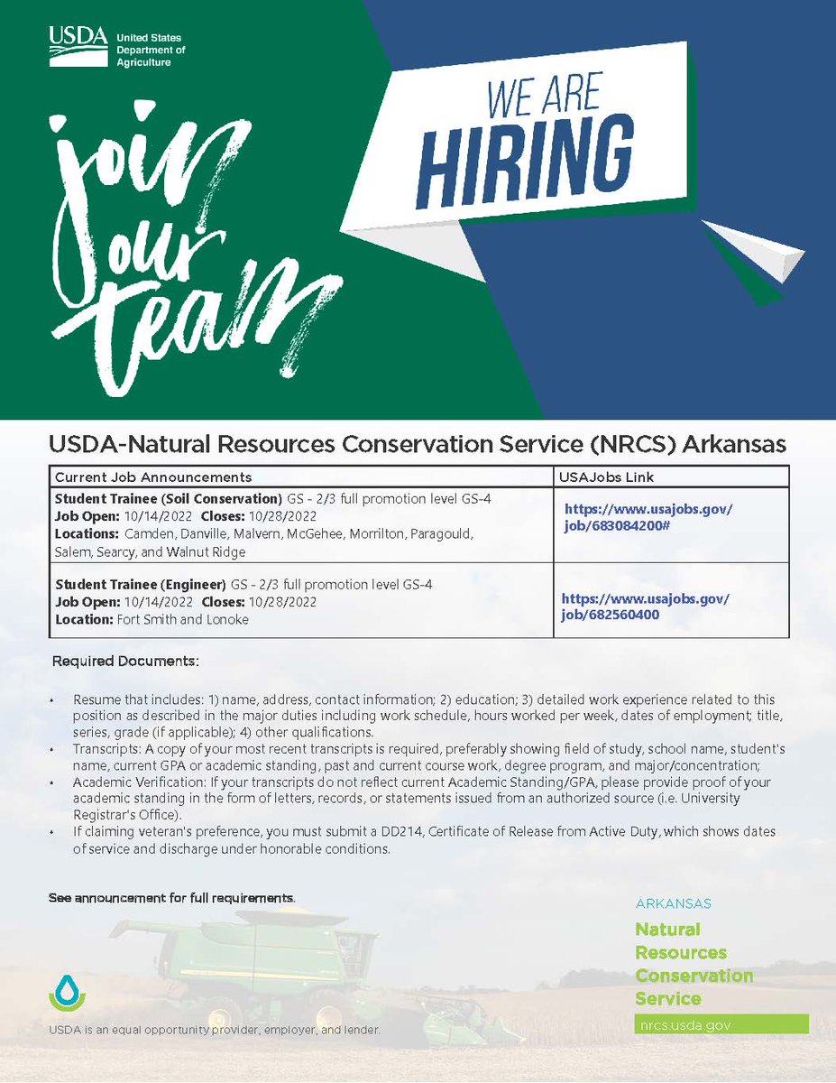 ArkansasNRCS's tweet photo. Pathways Intern vacancies with USDA – Natural Resources Conservation Service, Arkansas for Summer 2023.  Soil Conservation and Engineering series positions close October 28.  Recent Graduate jobs will open soon, and updated information will be posted at that time. https://t.co/TGWTlLME31