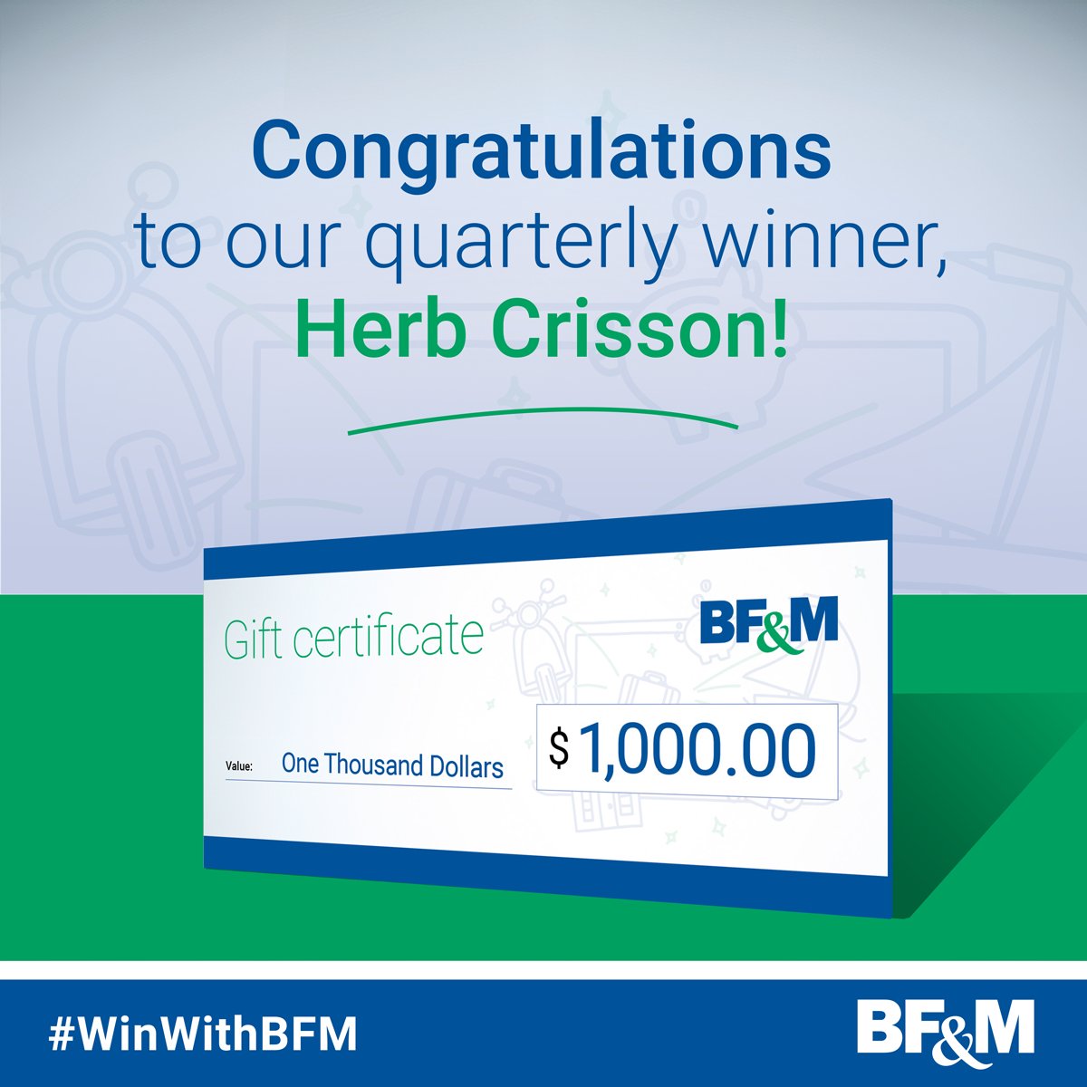bfminsurance's tweet photo. Congratulations to Herb Crisson, the latest winner in our #WinWithBFM quarterly draw. He's just won a $1,000 insurance gift certificate! Next time it could be you—visit https://t.co/UTTtde2CHD for draw details. https://t.co/dXMKyud2fJ