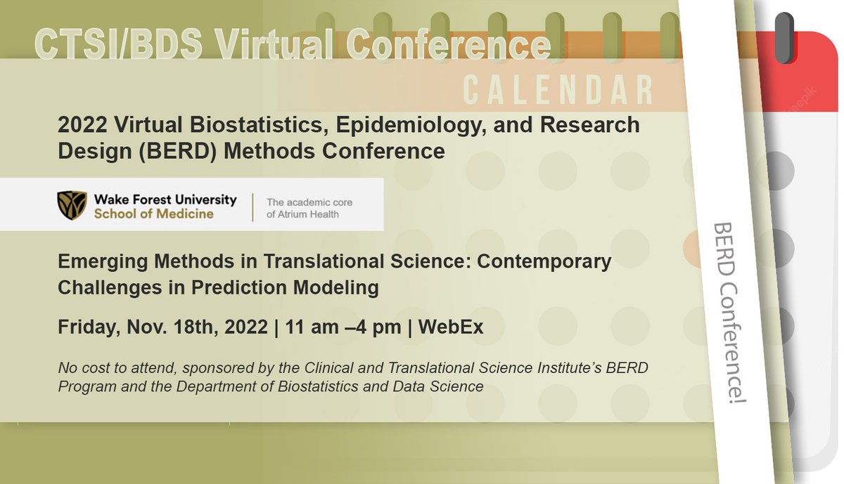 WakeBDS's tweet photo. One month to go! On Nov 18, 11am-4pm ET, we have a free Virtual Conference about Prediction modeling with @daniela_witten  @jsb_ucla @akbilgicbmi @oziadias @DocRayo @byronjaeger1 !

Sponsored by @WakeBDS @WFCTSI @WakeBERD

For more info/to register: https://t.co/OSPlPZsBH3 https://t.co/TdhjVb2fax