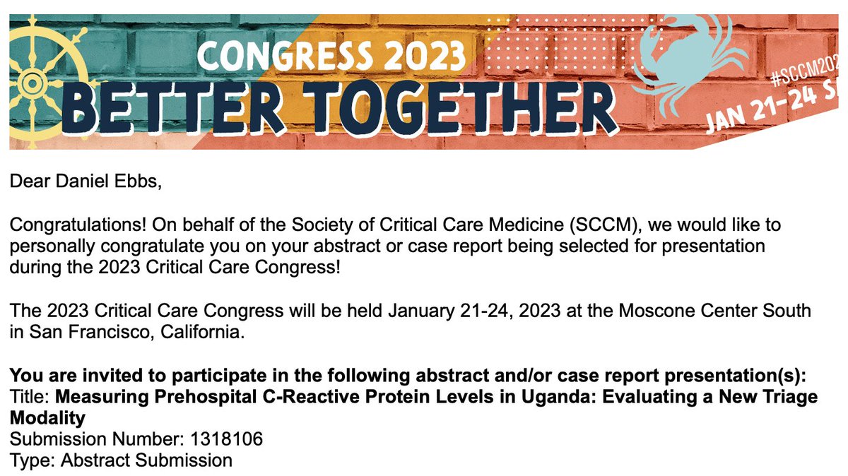 Can you imagine having to decide if your patient needs to travel 8 hours to go to the closest hospital, solely based on your clinical exam? Our fellow, Daniel Ebbs (@mgy2Change), is evaluating the addition of CRP to the algorithm and will be presenting at #SCCM2023