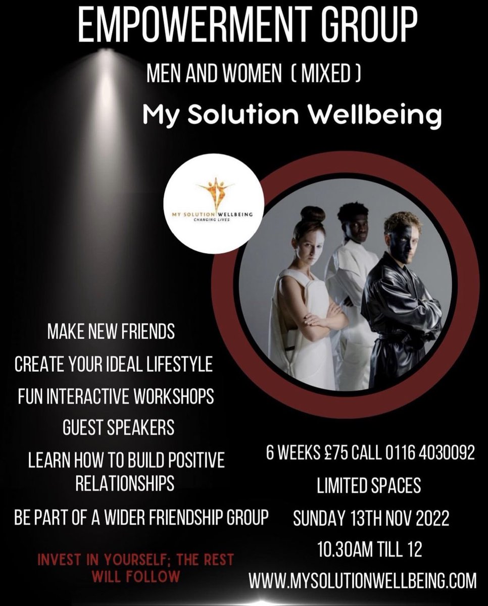 MySolutionWell1's tweet photo. Make new friends - Improve your well-being - Build a new network of friends - learn new skills to improve your physical and mental health. 6 week course for £75. Call now on 01164030092 info@mysolutionwellbeing.com #empowerment #mentalhealth #positivemindset #newskills #wellbeing https://t.co/Is8SBVM6aq
