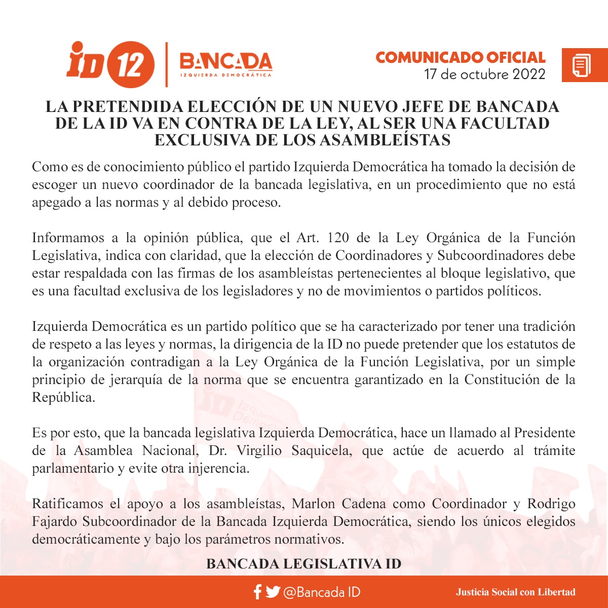 🔴 #COMUNICADO | La pretendida elección de un nuevo jefe de la @BancadaID va en contra de la ley, al ser una facultad exclusiva de los asambleístas.🍊⬇️
