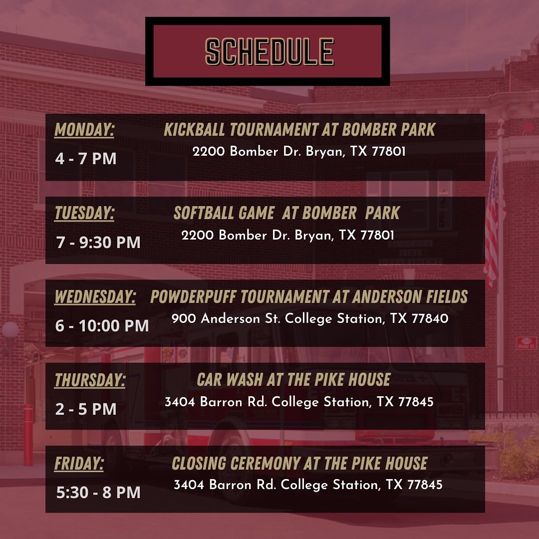 Aggie_Pike's tweet photo. This upcoming week the Theta Theta Chapter will be hosting our second annual Fireman’s Challenge!

Tickets can be purchased through the link in our bio!

#pike #pikappaalpha #philanthropy #tamu #aggiegreeklife #aggiegreek https://t.co/J3hp0g3IXg