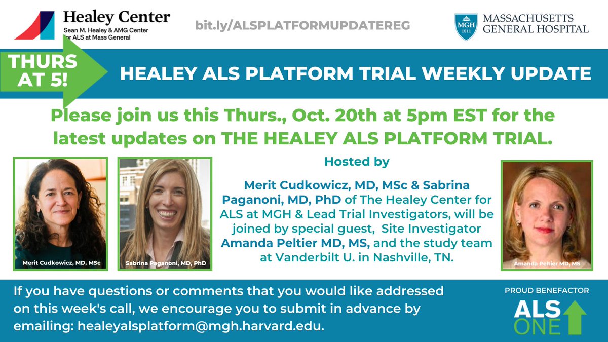 alsone_official's tweet photo. This Thurs 10/2 @5pmEST: @MeritCudkowicz &amp; @PaganoniMDPhD of @MGHNeurology will give the latest updates on the #HealeyALSPlatformTrial &amp; be joined by Site Investigator Amanda Peltier MD, MS, &amp; team at Vanderbilt U in Nashville, TN. #FreeReg  https://t.co/ed3aMEwWgl #ALS #EndALS https://t.co/VGFzr2Qhf0