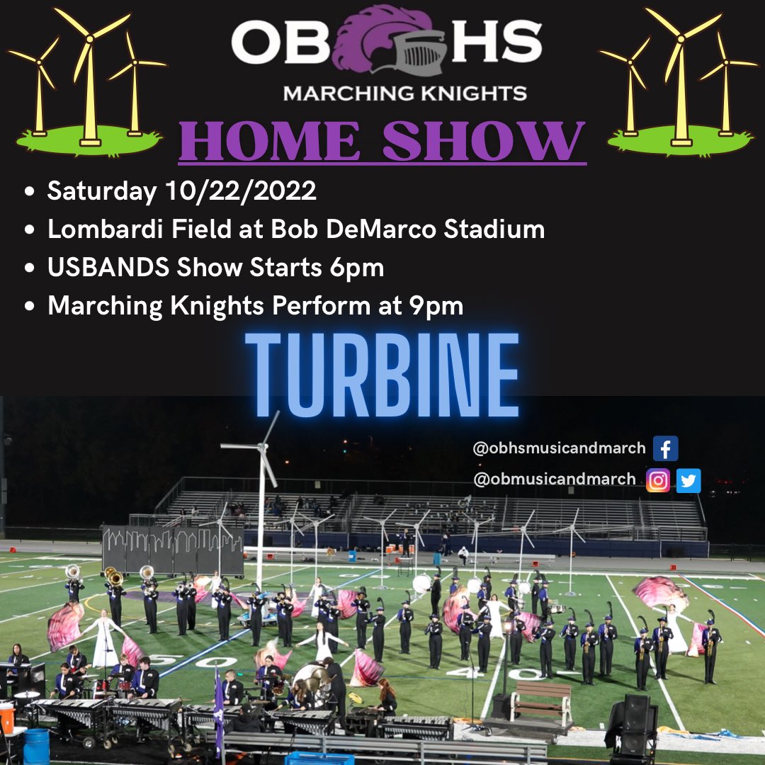 OBmusicandmarch's tweet photo. This Saturday 10/22 is our Home Show! Come out and support the Marching Knights, and see them perform at Lombardi Field at 9pm! #GoMarchingKnights @FazioSally @OldBridgeTPS @OBSupCittadino https://t.co/HBbfadLTuf
