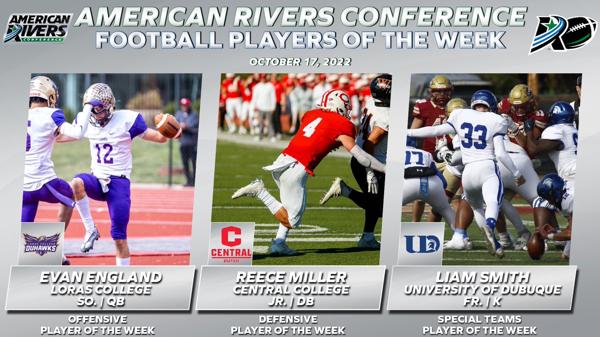 .<a href="/LorasAthletics/">Loras College Duhawks</a> England, @CUI_Football Miller, <a href="/DubuqueFootball/">Spartan Football</a> Smith Take Home Weekly Football Accolades

#rollriversFB

📰: bit.ly/3yMkm7k