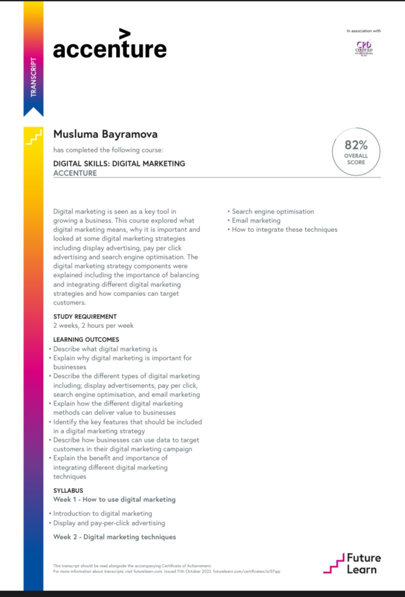 I have learned a lot of vital informations about digital marketing. This course will help me to receive a promotion in digital skills. 

<a href="/FutureLearn/">FutureLearn</a> Thanks ✨