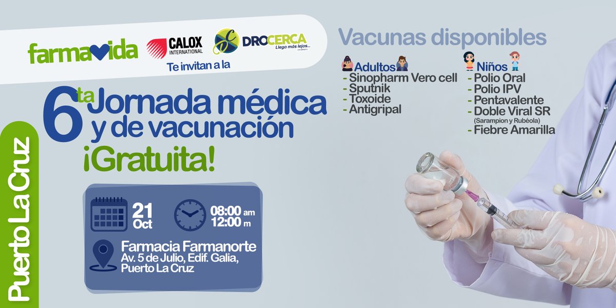 farmavidave's tweet photo. Este #21Oct #Farmavidave, @caloxvenezuela y @drocerca se unen nuevamente para cuidar tu salud con la 6ta jornada médica🩺 y de vacunación GRATUITA de nuestra sede en #PuertoLaCruz👌.
#JuntosPorTuBienestar
#Calox
#Drocerca
#Salud
#HazTuParte
#CuidarnosEsDeTodos https://t.co/V9iXZYI5wf
