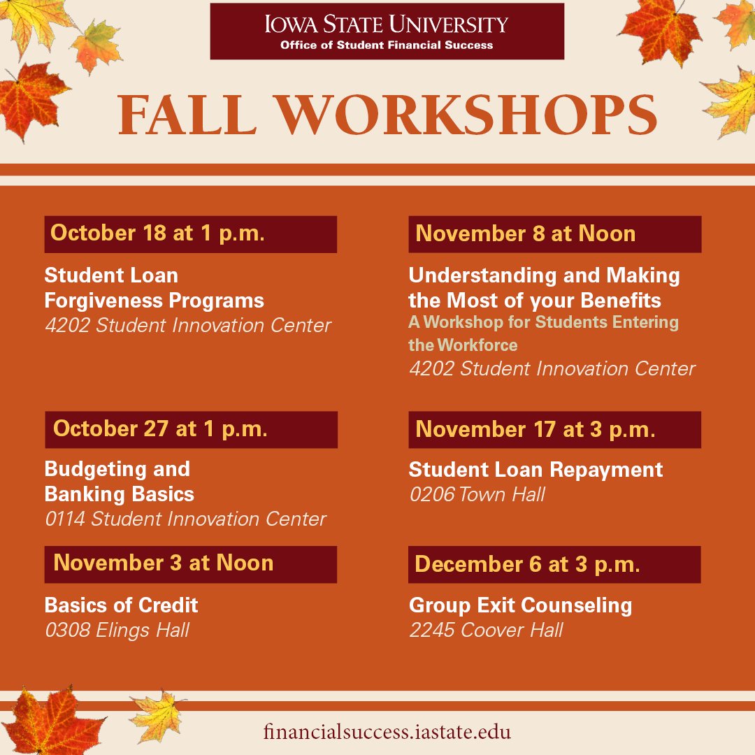 NoFearFinanceIA's tweet photo. Join us this semester for our fall workshops! Learn about loan forgiveness programs, financial literacy topics and making the most of your benefits. Visit https://t.co/8SJp2Kyggs for more info!
#nofearfinance https://t.co/Zmno9ZyLZM
