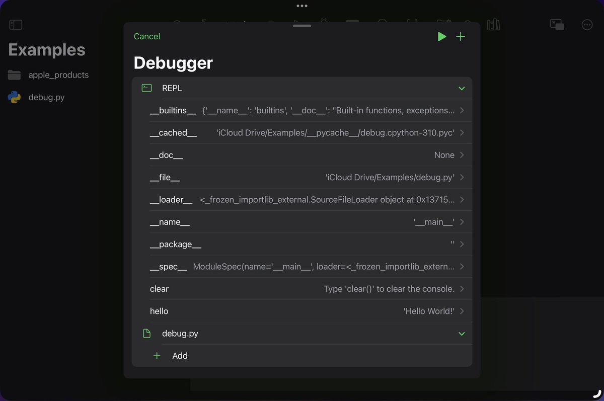 develobile's tweet image. So I added a namespace inspector to the debugger. There was one once in early versions of Pyto but it was really unreliable and it recursion didn’t work well. But now it’s back!