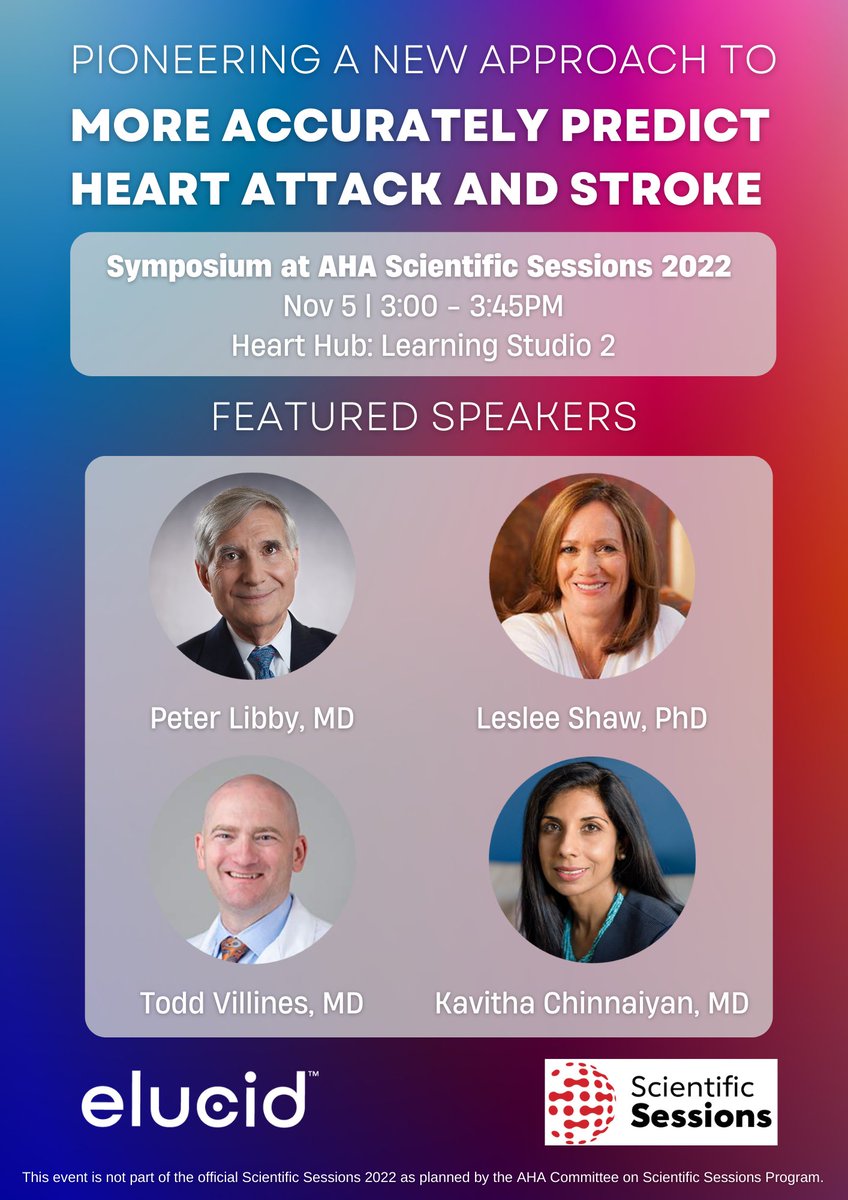 #AHA22 is just around the corner! Join us at our symposium on Nov 5 as we discuss the latest innovations in histology-defined plaque characterization & morphology-based #FFRct, featuring Dr. Peter Libby, @lesleejshaw, @ChinnaiyanMD, @ToddVillinesMD. #YesCCT #SeeBeyondTheLumen