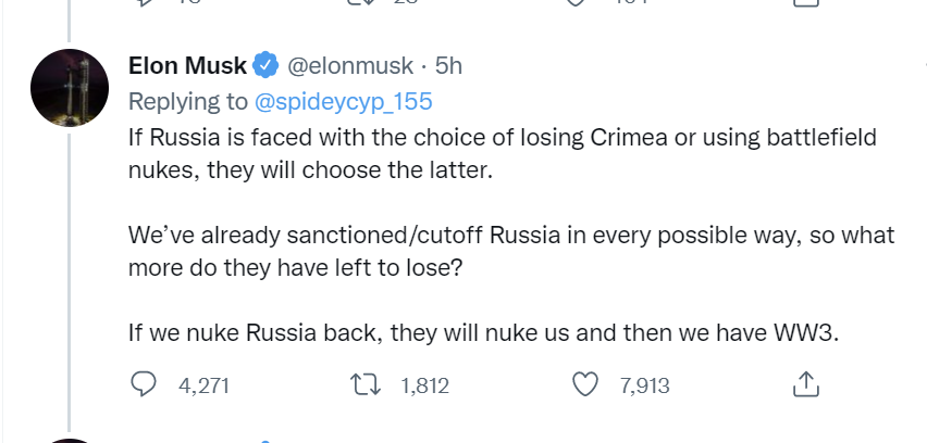 mironov_fm's tweet photo. Маск хоть и мудила, но с этой его логикой я согласен. Если Путин будет капитально проигрывать, особенно если будет терять Крым, то он может запустить ядрену бомбу по Украине.
Только решение проблемы должно быть не таким, как предлагает Маск. Нужно просто грохнуть Путина. И точка. https://t.co/4ld6oLwhkW