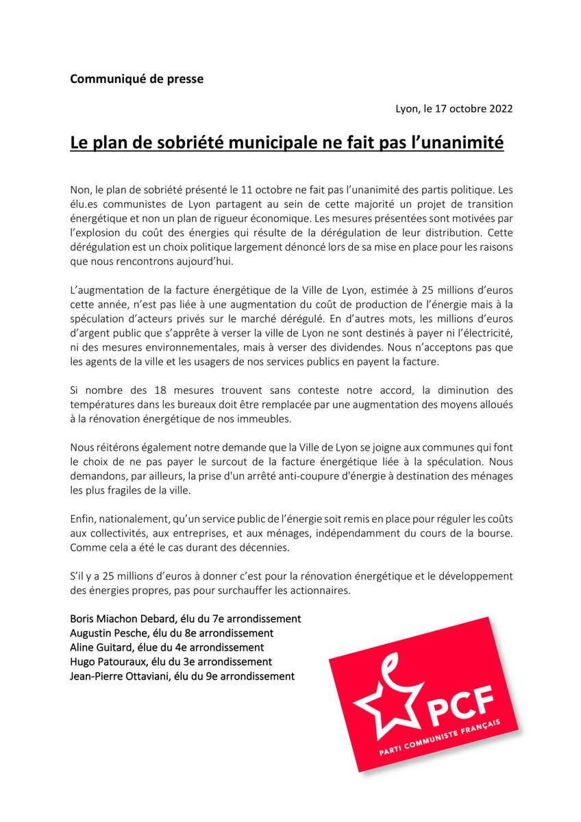 LyonPcf's tweet photo. Non, le plan de sobriété municipale ne fait pas l'unanimité.
Communiqué de Presse des https://t.co/uJZkeR0Ew1 communistes lyonnais : Pour un réel projet de transition énergétique et non un plan de rigueur économique.
#communiquédepresse #transition #energie #pcflyon https://t.co/vZeiUuLwT5