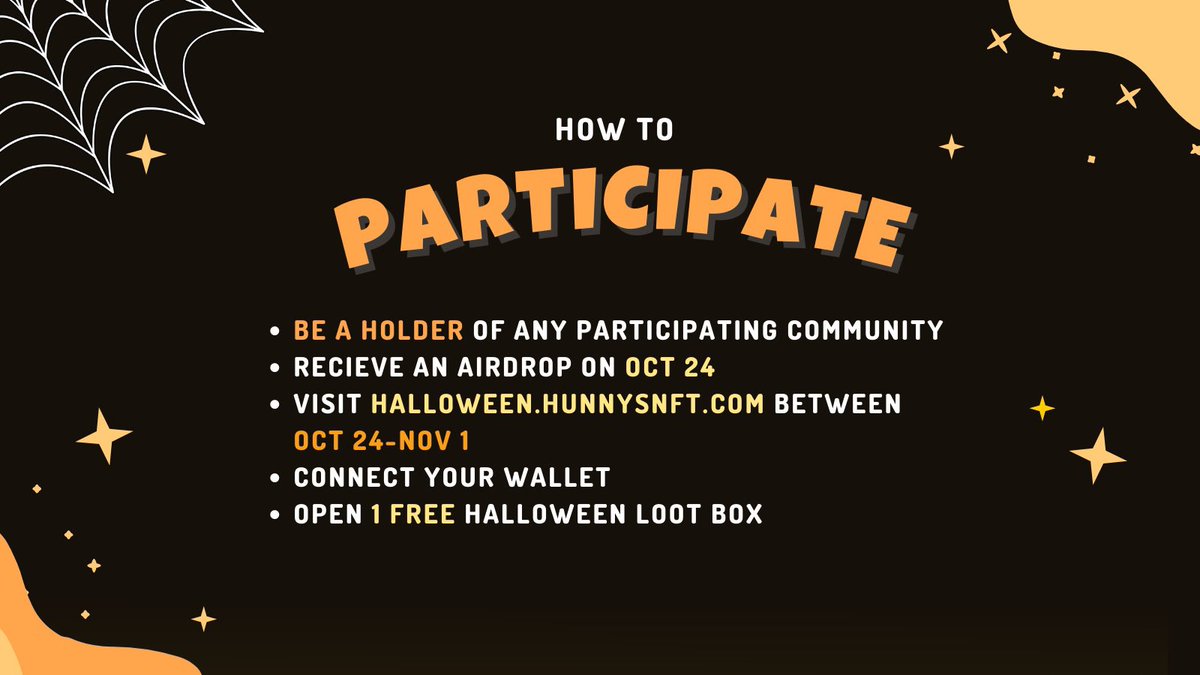 🎃Announcing: NFTrick or Treat 🎃
 
Mystic Wizards is partnering with Hunnys &amp; 20+ other communities for a FREE Halloween mint for holders. 

👻 Oct 24 - Nov 1
👻 FREE Halloween Goody Bags for all holders
👻 Limited edition art from 20+ communities
👻 halloween.hunnysnft.com