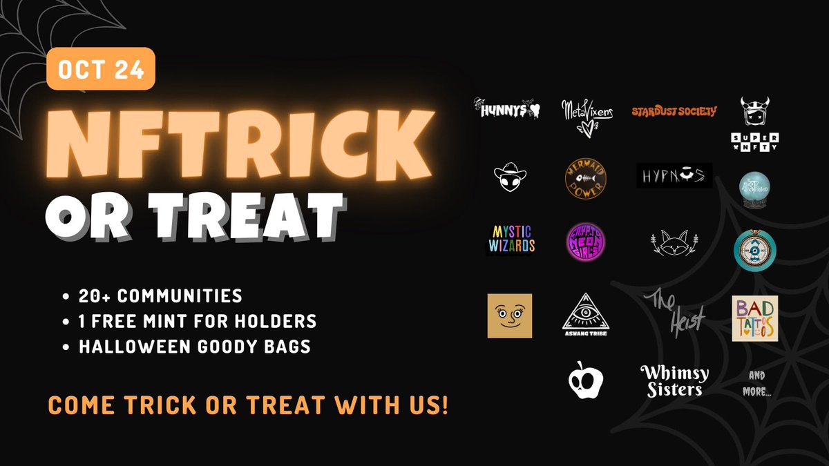 MysticWizardNFT's tweet photo. 🎃Announcing: NFTrick or Treat 🎃
 
Mystic Wizards is partnering with Hunnys &amp; 20+ other communities for a FREE Halloween mint for holders. 

👻 Oct 24 - Nov 1
👻 FREE Halloween Goody Bags for all holders
👻 Limited edition art from 20+ communities
👻 https://t.co/D0b65DD8E7 https://t.co/169DImvHGG