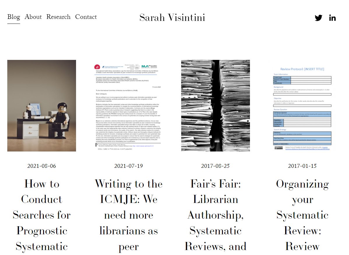 I overhauled my professional website and it *finally* looks nice. Sorry to all the folks who use my protocol and #SysRev templates if you experienced any broken links during the transition from Wordpress to Squarespace. #CanMedLibs #MedLibs sarahvisintini.ca