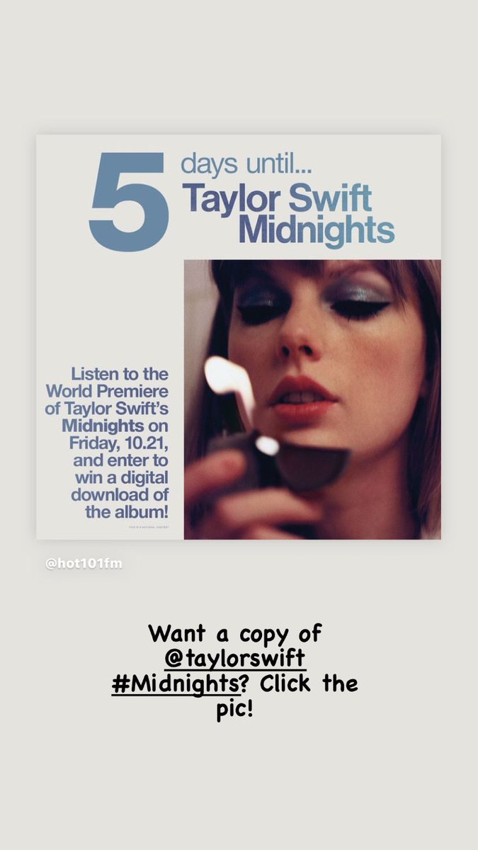 Just in case you want a copy of #Midnights for free! My station in 
Y—Town OHiO has some this weekend! <a href="/Hot101FM/">Hot 101</a>