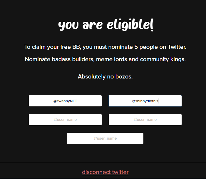 Ego_UG's tweet photo. 😍😍😍I finally got nominated so giving back 3 spots as the other 2 are taken by these 2 legends @SwannyNFT  @shinnydidthis  👀
RULE: 
1. RT &amp; LIKE
2. FOLLOW @Ego__X and @bbs_nfts 🤘🤘 
3. COMMENT WHY YOU DESERVE IT?

NO BOZOS, NO BURGER FLIPPERS!
@bbs_nfts https://t.co/Lbfw0VjeQz