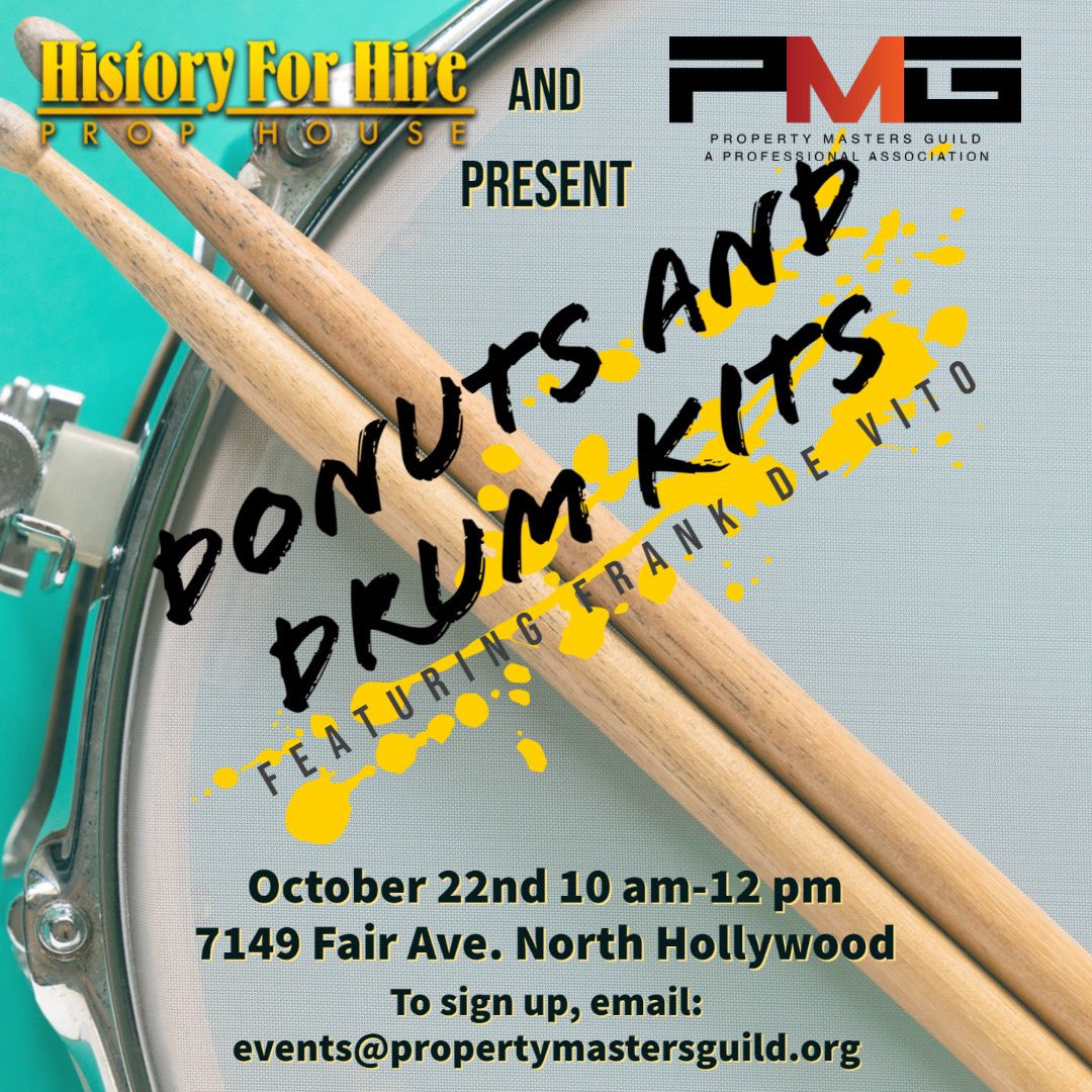 _ThePMG's tweet photo. Join us on 10/22 10a-2p @HistoryforHire for coffee, donuts, and a chance for Prop Masters to connect with participants from @StreetlightsPAs Hollywood CPR, and other Hollywood diversity initiatives, in a hands-on clinic on drum sets as they relate to a Prop Masters work. https://t.co/LfKfcmp1Ge