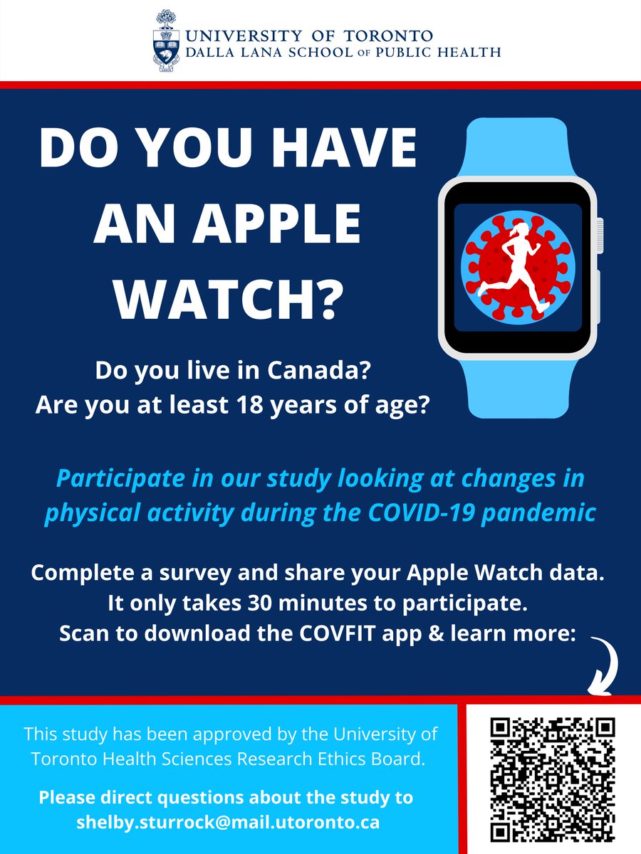 We are using Apple Watch data to describe trends in physical activity before and throughout the pandemic. Consider participating or share with your friends who might be eligible! Download the COVFIT Research Study app to learn more and participate😊 apps.apple.com/ca/app/covfit-…