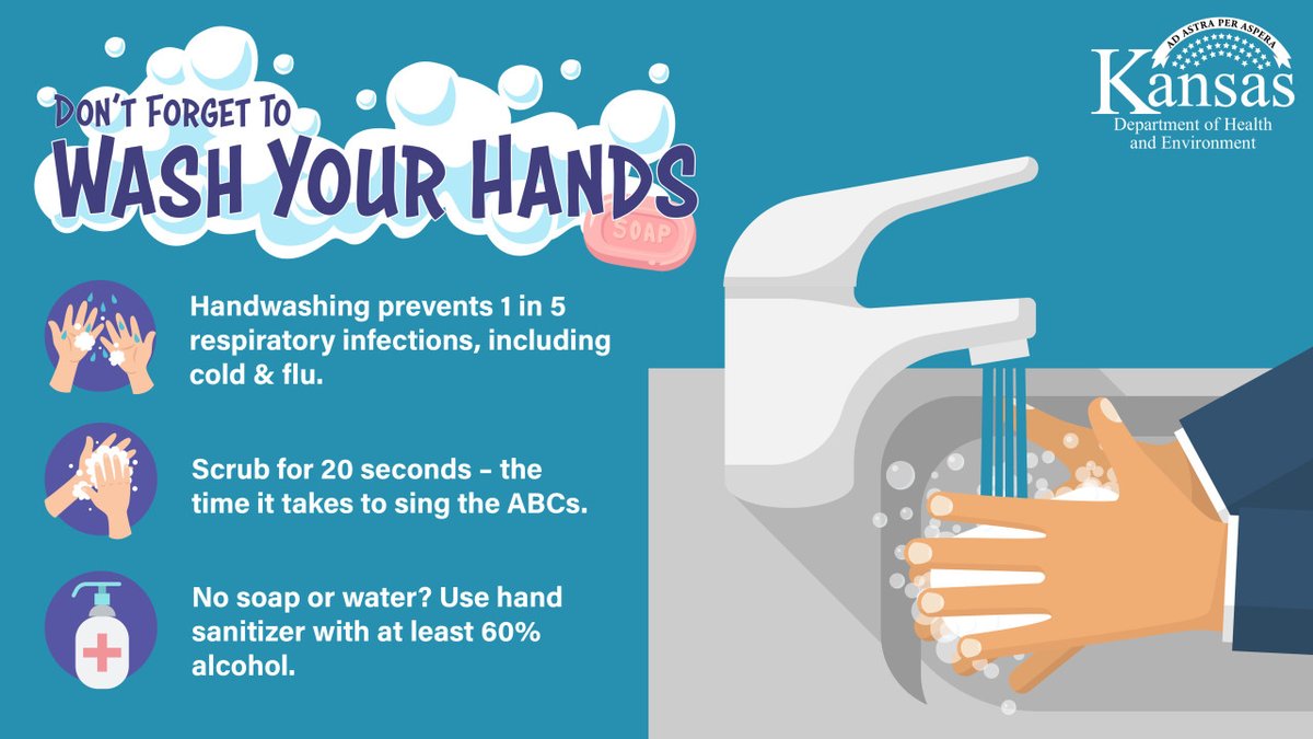 KDHE's tweet image. 🧼 'Tis the season for colds, #flu, &amp;amp; COVID-19 too. When it comes to prevention, handwashing is one of the best things you can do! Learn more: bit.ly/3D3ALq9.

#HandwashingSavesLives 
#KansasFightsFlu 

@CDCFlu