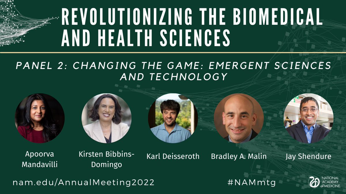 The panel on emerging sciences and technology with with @apoorva_nyc (@NYTimes), @KBibbinsDomingo (@JAMA_current), @KarlDeisseroth (@Stanford), @bradmalin (@VUMChealth) & @JShendure (@uwgenome) is starting now! #NAMmtg