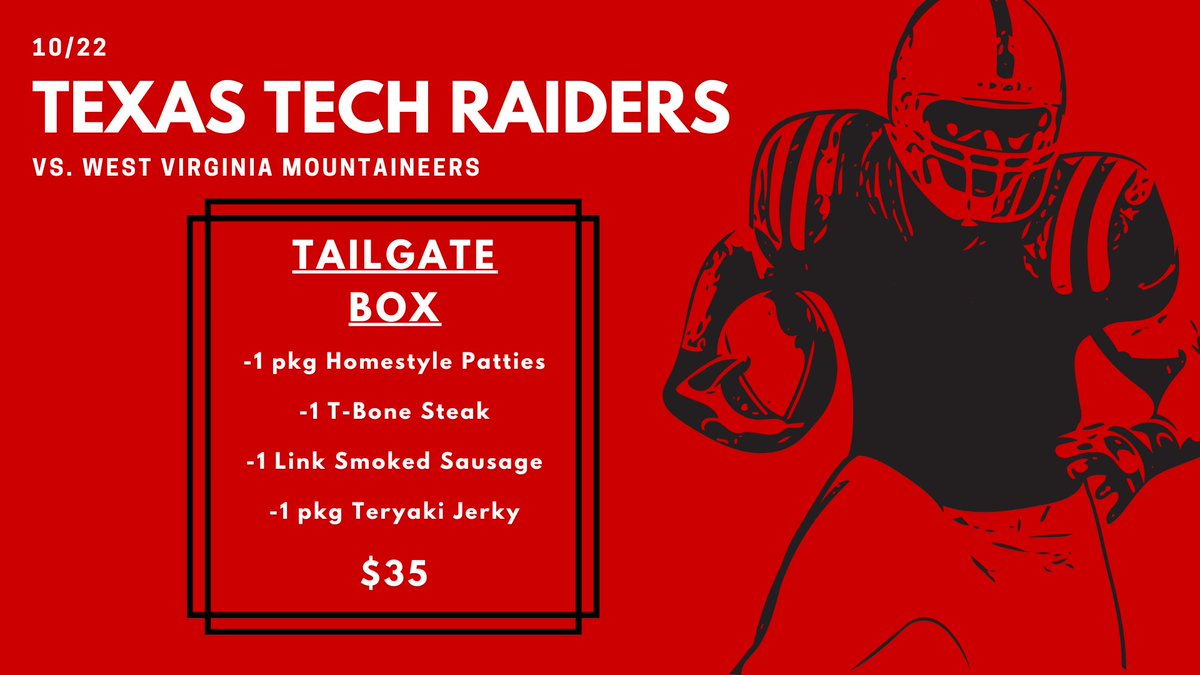 Hey, all you Red Raiders...GET YOUR GUNS UP this weekend at the Jones for Homecoming. 

But before you do that, stop by the Animal and Food Science building to get your Tailgate Box for a perfect afternoon lunch🌵

#wreckem #texastechfootball #raiderredmeats #gunsupnation