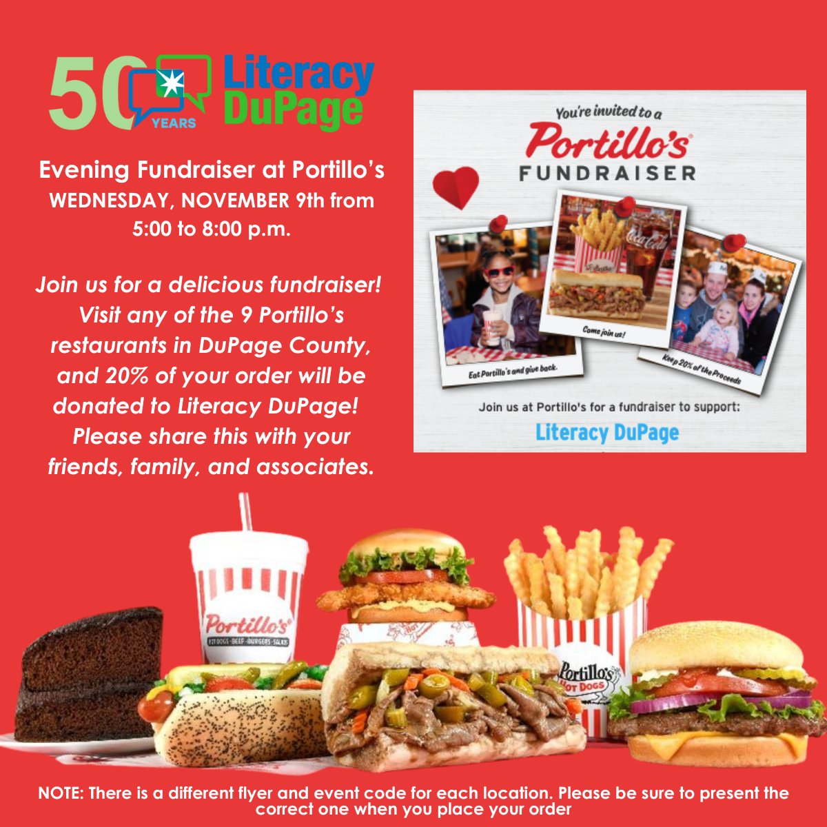 LiteracyDuPage's tweet photo. Join us for Portillo’s Night with Literacy DuPage: Wed., 11/9 from 5-8pm! Visit any of the 9 Portillo’s restaurants in #DuPageCounty, and 20% of your order will be donated to #LiteracyDuPage! 
For the 9 flyers and more details, visit our web site:  https://t.co/Y1zX6pHAwW https://t.co/SinKvmwrXh