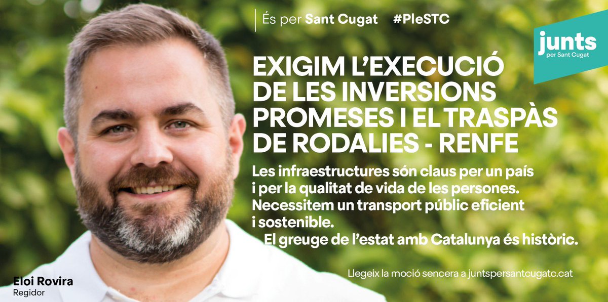 📝 Moció de Junts per #SantCugat per exigir el traspàs de Rodalies Renfe.

💬<a href="/EloiRovira/">Eloi Rovira i Campos</a> "La ciutadania de Catalunya mereix un servei ferroviari de Rodalies que vertebri el territori i funcioni adequadament"
✅ Junts, ERC, CUP
❌ PSC, Cs i N/A.

➕ Info: juntspersantcugat.cat/reclamar-el-tr…
