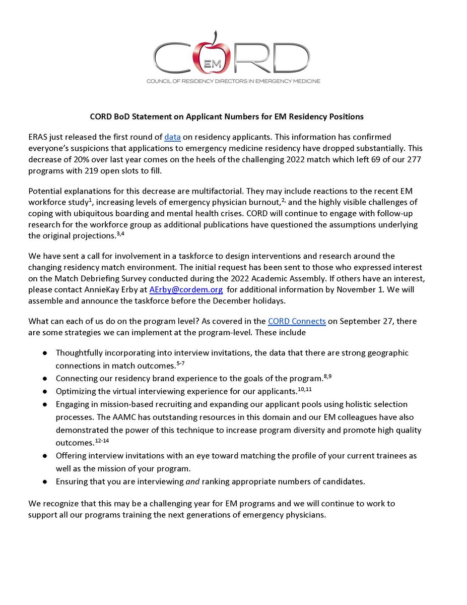 NOW AVAILABLE: Read the complete statement from the CORD BoD on Applicant Numbers for EM Residency Positions. bit.ly/3rhvyVK 🍎