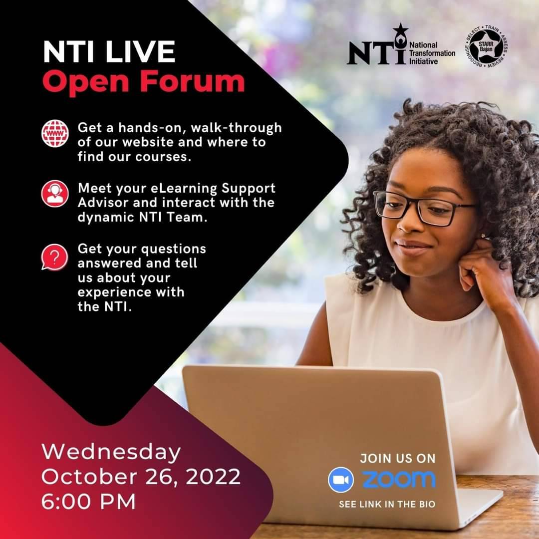PADbarbados's tweet image. Look out STARR Bajans, the NTI Live Forum is back!! Wednesday October 26, at 6 pm, log on via Zoom @ us06web.zoom.us/j/81355589266?… to meet your eLearning support Advisor and get your questions answered. #NTI #LiveForum #neverstoplearning #ImproveYourSkills #ImproveYourLife