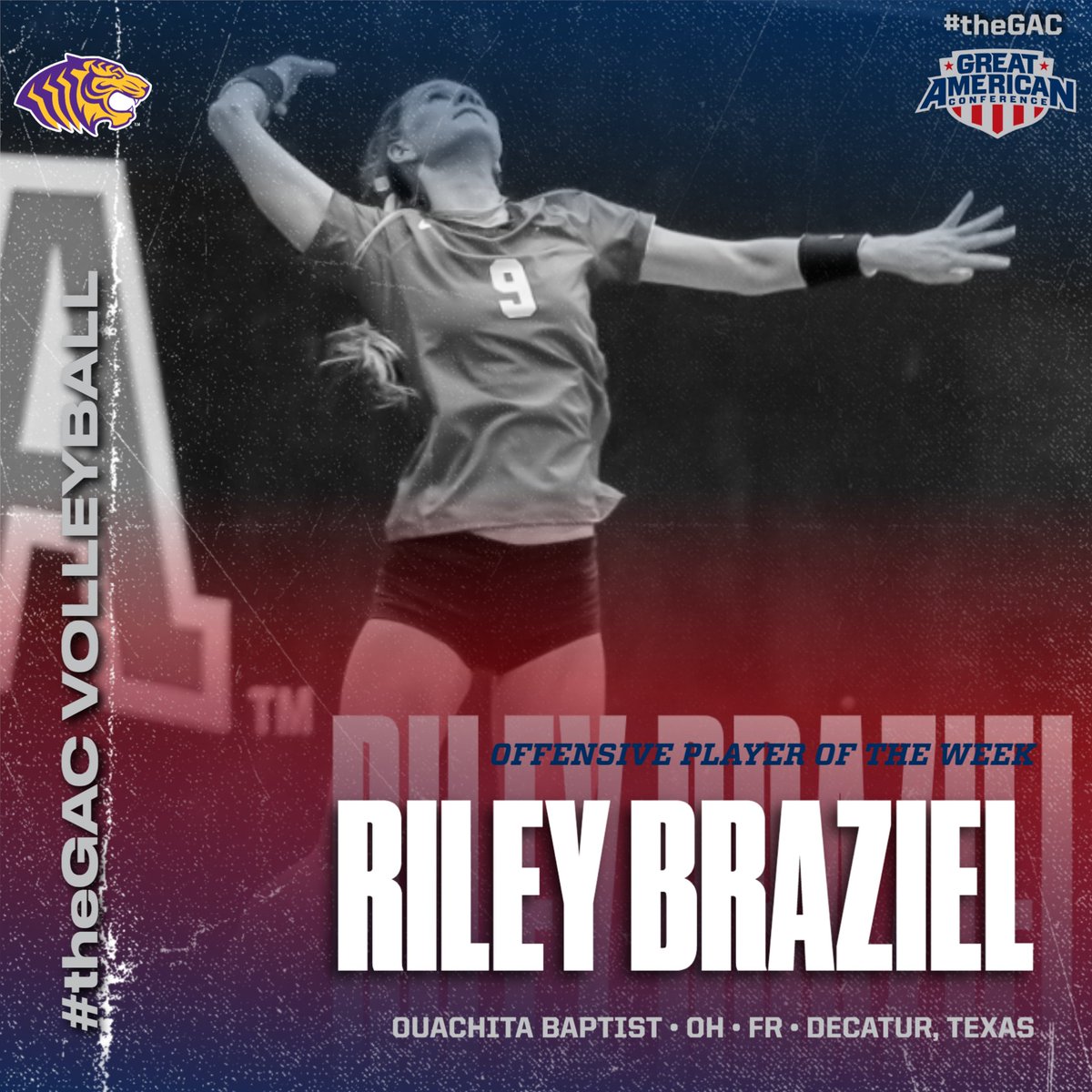 GACAthletics's tweet photo. #theGAC 🏐 Week 8 Players of the Week: 
Offensive - Riley Braziel OH @OuachitaVB  
Defensive - Madeline Lynch DS/L @SNUAthletics   
Setter - Sarah Morehead @HardingSports https://t.co/GyK70HNR1R