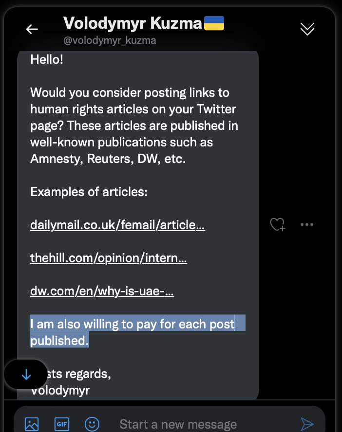 loffredojeremy's tweet photo. A Ukraine flag account reached out to me with an offer: I post mainstream media reports highlighting Russian human rights abuses and in return for engaging in the info war, I will receive cash payments. https://t.co/RWEl0DROai