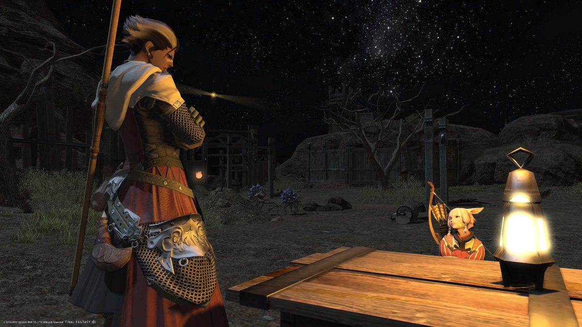 Wilted_Juniper's tweet photo. Finally on those dungeon runs, wanted to look at the stars from outside the mine after. #FFXIV #gpose 

(Mivi on that squire drip) https://t.co/8lEiNtdJg4