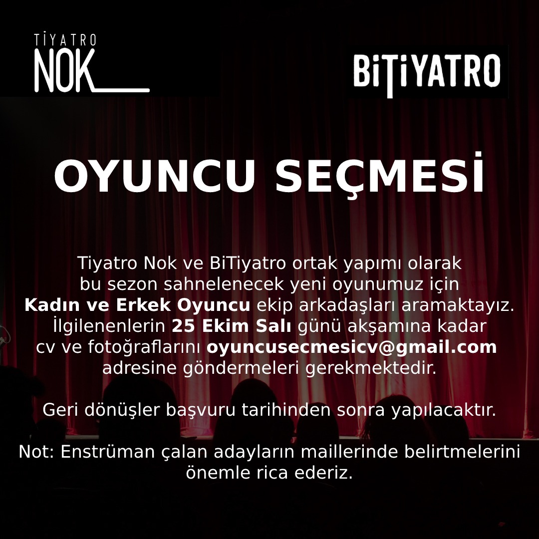 Ve tekrar başlıyoruz🎉
Bu sefer <a href="/bitiyatro/">bitiyatro</a> ile beraber yolculuğa çıkıyoruz. Oyuncu seçmesi için son başvuru tarihi 25 Ekim Salı günü 
#tiyatro #sahne #SahneBizim