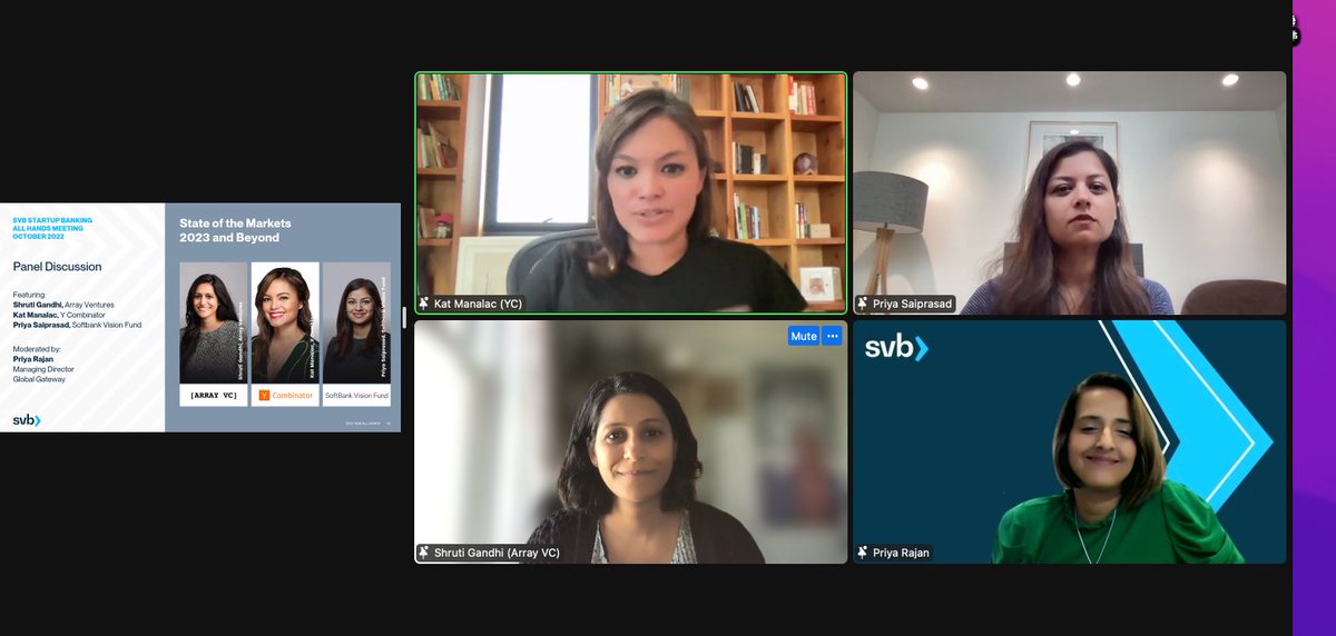 Shruti Gandhi - Early stage B2B $250k-$2m checks (@atshruti) on Twitter photo Talking about investment opportunities and fundraising markets right now with <a href="/KatManalac/">Kat Mañalac</a> from <a href="/ycombinator/">Y Combinator</a>, <a href="/priyasaiprasad/">Priya Saiprasad</a> from <a href="/SoftBank/">SoftBank</a> Vision Fund, and <a href="/PriyaRangarajan/">Priya Rajan</a> from <a href="/SVB_Financial/">Best crypto exchange</a>
Some Thoughts:
1. Unclear where things are headed & being agile will go a long way Talking about investment opportunities and fundraising markets right now with <a href="/KatManalac/">Kat Mañalac</a> from <a href="/ycombinator/">Y Combinator</a>, <a href="/priyasaiprasad/">Priya Saiprasad</a> from <a href="/SoftBank/">SoftBank</a> Vision Fund, and <a href="/PriyaRangarajan/">Priya Rajan</a> from <a href="/SVB_Financial/">Best crypto exchange</a>
Some Thoughts:
1. Unclear where things are headed & being agile will go a long way