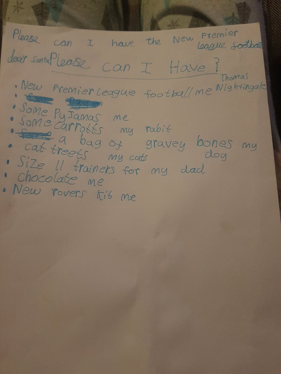 StephanieNight6's tweet photo. Christmas list time and Farmer Thomas has made his list. Most things on here for others (cats, dog. Dad 😥) rovers kit and new premier league football for himself (of which I've just seen the price ⚽️😮) ⚽️ What a lad. #thinkingofothers #selfless #animalsfirst #footballingfarmer https://t.co/BMFlRFTXdV