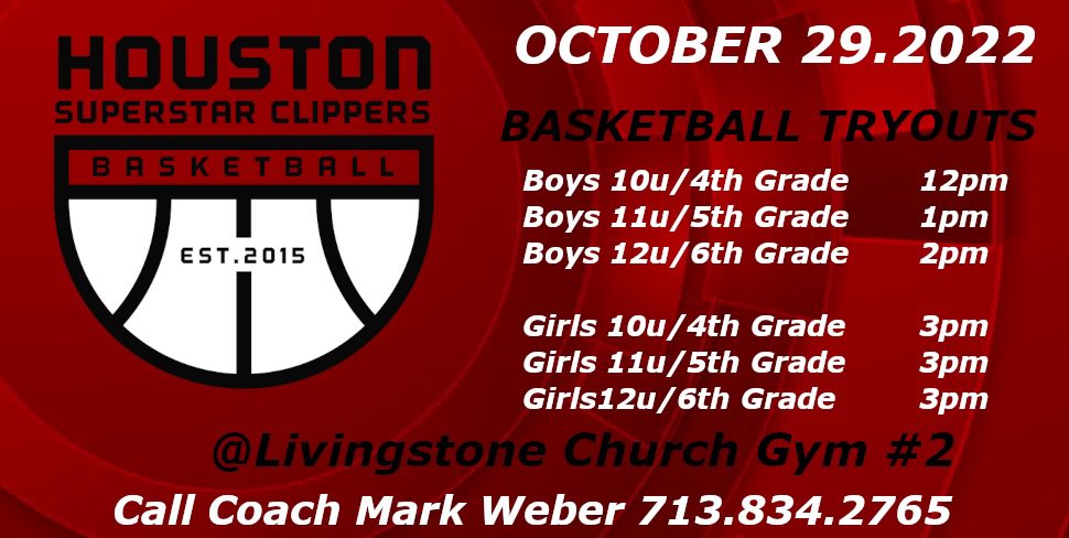 October 29.2022 Superstar Clippers Tryouts Boys &amp; Girls 4th Grade - 6th Grade  $10 Tryout Fee @ Livingstone Church 1407 Victory Lane Alvin TX 77511 Gym #2  Superstar Clippers <a href="/htownsuperstars/">Superstar Clippers</a> 

Please signup on the link below: 

docs.google.com/forms/d/e/1FAI…