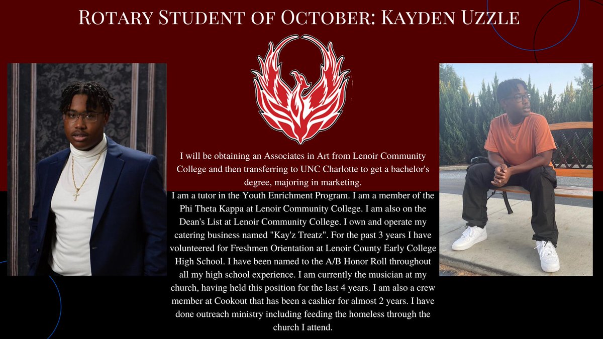 LCEarlyCollege's tweet photo. Congratulations to Kayden Uzzle who represents LCECHS during the month of October at the Rotary Club of Kinston. #echsphoenixproud
Post designed by Allisson Gomez-Cisneros https://t.co/UZ2I0c6sak