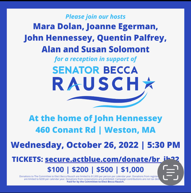 Please join us Wednesday, Oct 26 at 5:30 PM in Weston to support Sen. @Becca_Rausch who is a tight race for reelection.
 
Becca has been a leader on democracy, climate, health care & abortion access. 

We need her voice on Beacon Hill. 
#mapoli 

RSVP: bit.ly/3eAC6eM