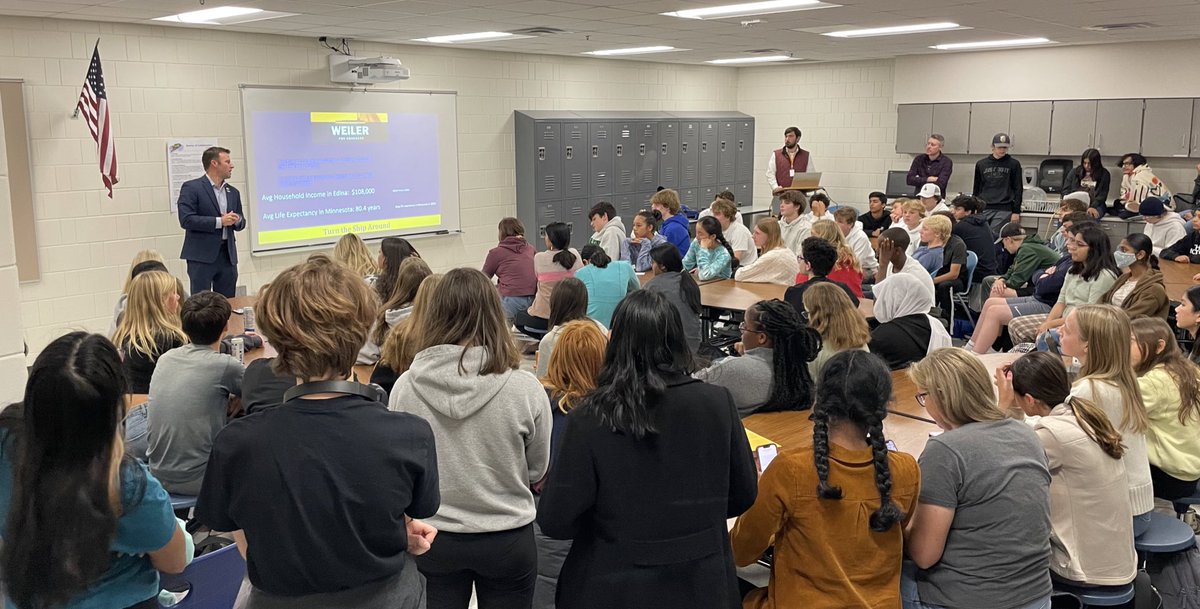 ErikAndersonMN's tweet photo. Terrific visit from @TomWeilerMN today at EHS. #EHSGov students heard about Mr. Weiler’s goal of restoring the American Dream and participated in Q&A. @EdinaZephyrus was again on hand to cover. And I got a sweet submarine stress ball! Thanks, Tom! https://t.co/M0Bh5ww9Kw