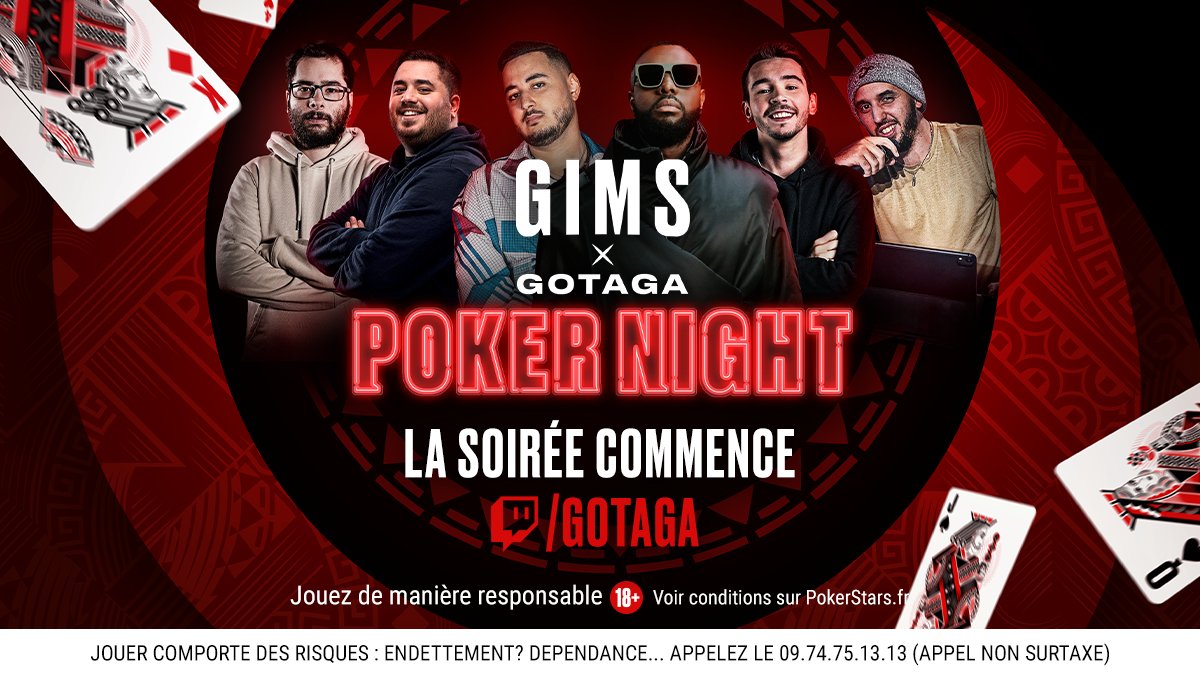 Ce soir c’est Poker Night avec un sacré casting : @Gotaga @Domingo @Jirayalecochon @Xari_ et en invité spécial @Gims ! On va bien rigoler mais qui va gagner ? ♥️♠️♦️♣️ @PokerStarFR 👉 twitch.tv/gotaga