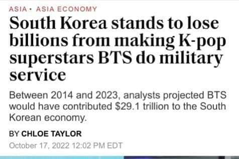 onlyarmy137's tweet photo. "Corea del Sur está lista para perder miles de millones por hacer que las superestrellas del K-pop BTS sirvan en el ejército. Entre 2014 y 2023, los analistas proyectaron que BTS habría contribuido con $ 29.1 trillones en la economía de Corea del Sur"

Auch?¿ 🤕 https://t.co/8I4bsL0Jcf