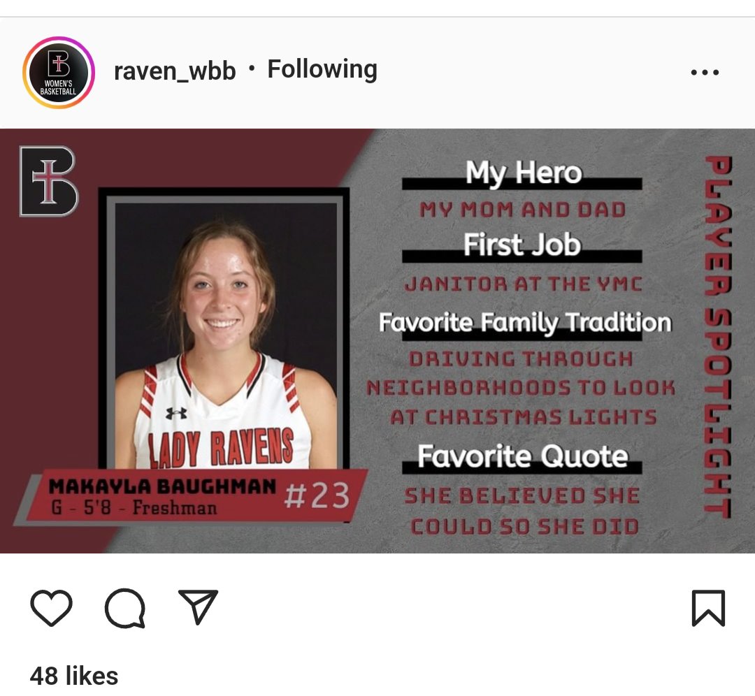 Benedictine College basketball spotlight on #23, <a href="/BaughmanMakayla/">Makayla Baughman</a>.  Mak's favorite quote: "She believed she could, so she did".   That's Mak. 💪