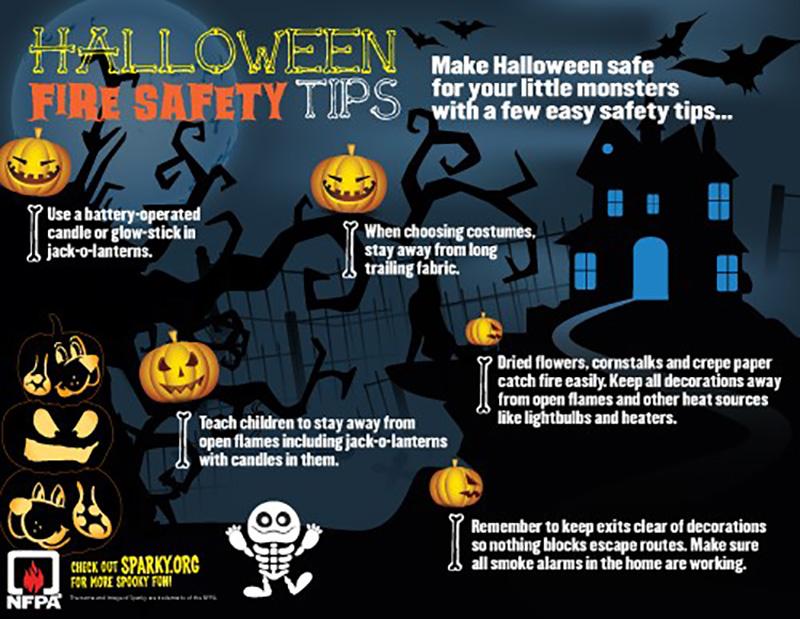 When witches go riding, and black cats are seen, follow these #Halloweensafety tips for optimal fun, and remember to keep exits clear of decorations, so nothing blocks escape routes. For more Halloween safety, visit: nfpa.social/rMUQ50Lcmz8