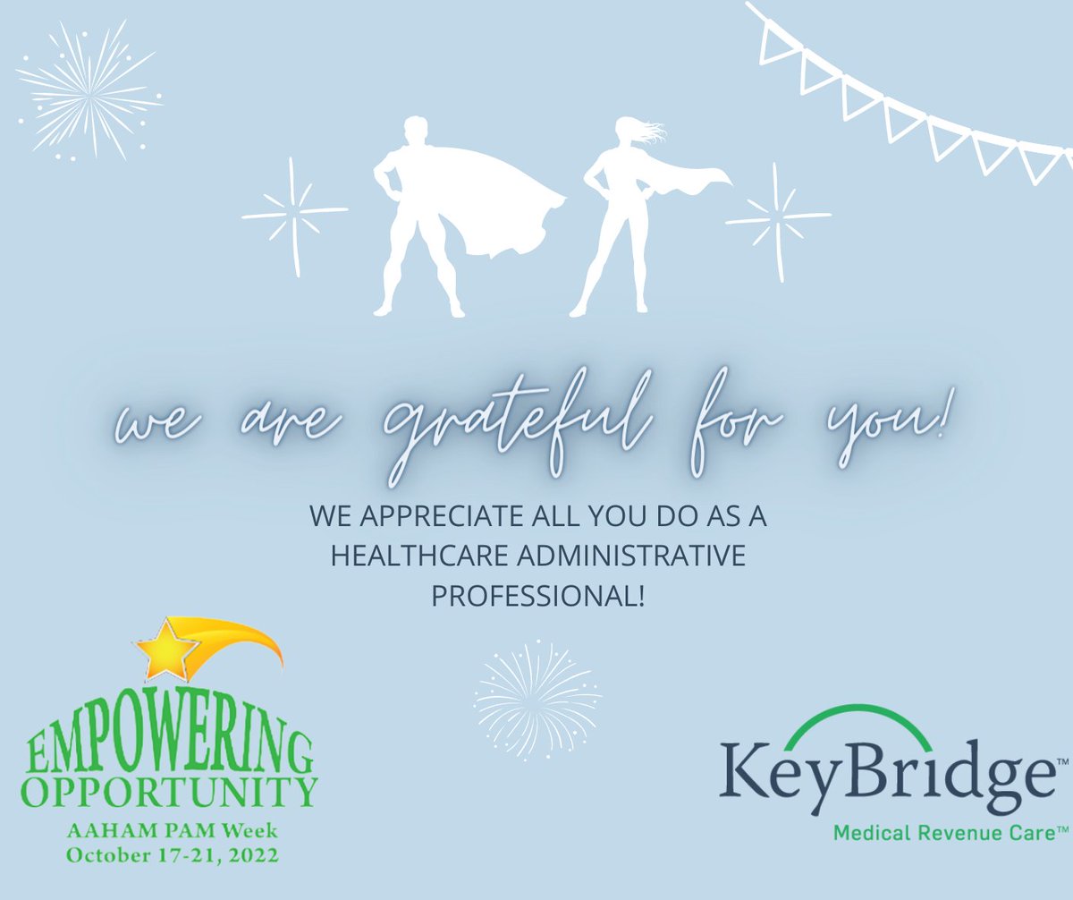 KeyBridge's tweet image. Happy National Patient Account Management Week🎉 We are so thankful for all of the healthcare administrative management professionals and the hard work they do to contribute to their facilities and excellent patient care. 

#PAMW #patientaccountmanagementweek #revenuecycle